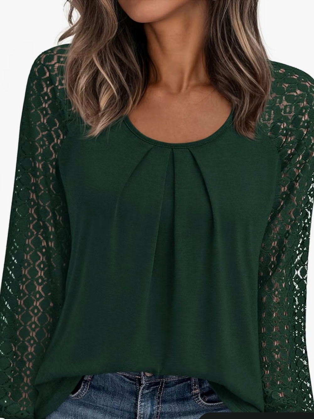 🍂Women's Green Lace Sleeve Pleated Front Top